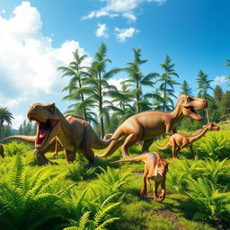 A group of colorful dinosaurs roaming a lush prehistoric landscape, vibrant green ferns surrounding them, with a bright blue sky and fluffy white clouds overhead