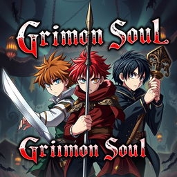 Anime styled cover for a dark fantasy titled 'Grimon Soul', featuring three 16-year-old boys with distressed and angry expressions