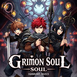 Anime styled cover for a dark fantasy titled 'Grimon Soul', featuring three 16-year-old boys with distressed and angry expressions