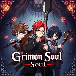 Anime styled cover for a dark fantasy titled 'Grimon Soul', featuring three 16-year-old boys with distressed and angry expressions