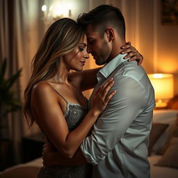 A sensual, intimate scene between two adults in a romantic setting, showcasing their attraction and chemistry, surrounded by soft ambient lighting that enhances the mood