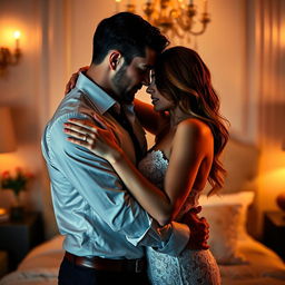 A sensual, intimate scene between two adults in a romantic setting, showcasing their attraction and chemistry, surrounded by soft ambient lighting that enhances the mood