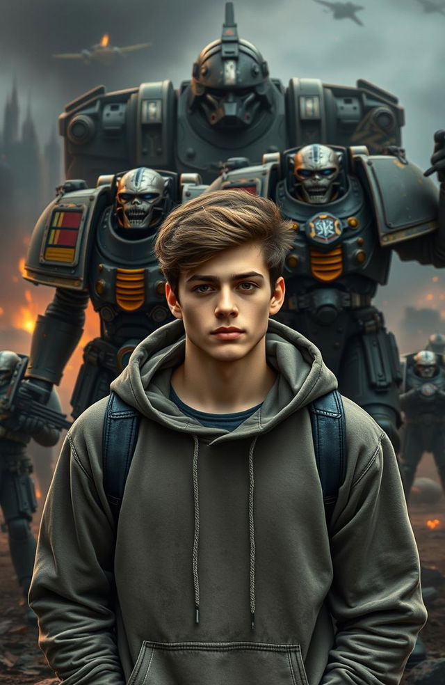 A 25-year-old young man wearing a hoodie, standing confidently in front of imposing Warhammer 40k Space Marines