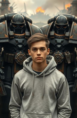 A 25-year-old young man wearing a hoodie, standing confidently in front of imposing Warhammer 40k Space Marines