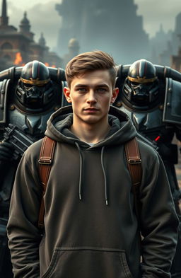 A 25-year-old young man wearing a hoodie, standing confidently in front of imposing Warhammer 40k Space Marines