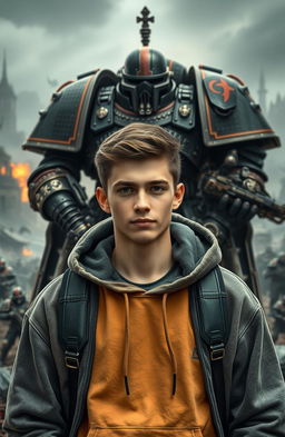 A 25-year-old young man wearing a hoodie, standing confidently in front of imposing Warhammer 40k Space Marines