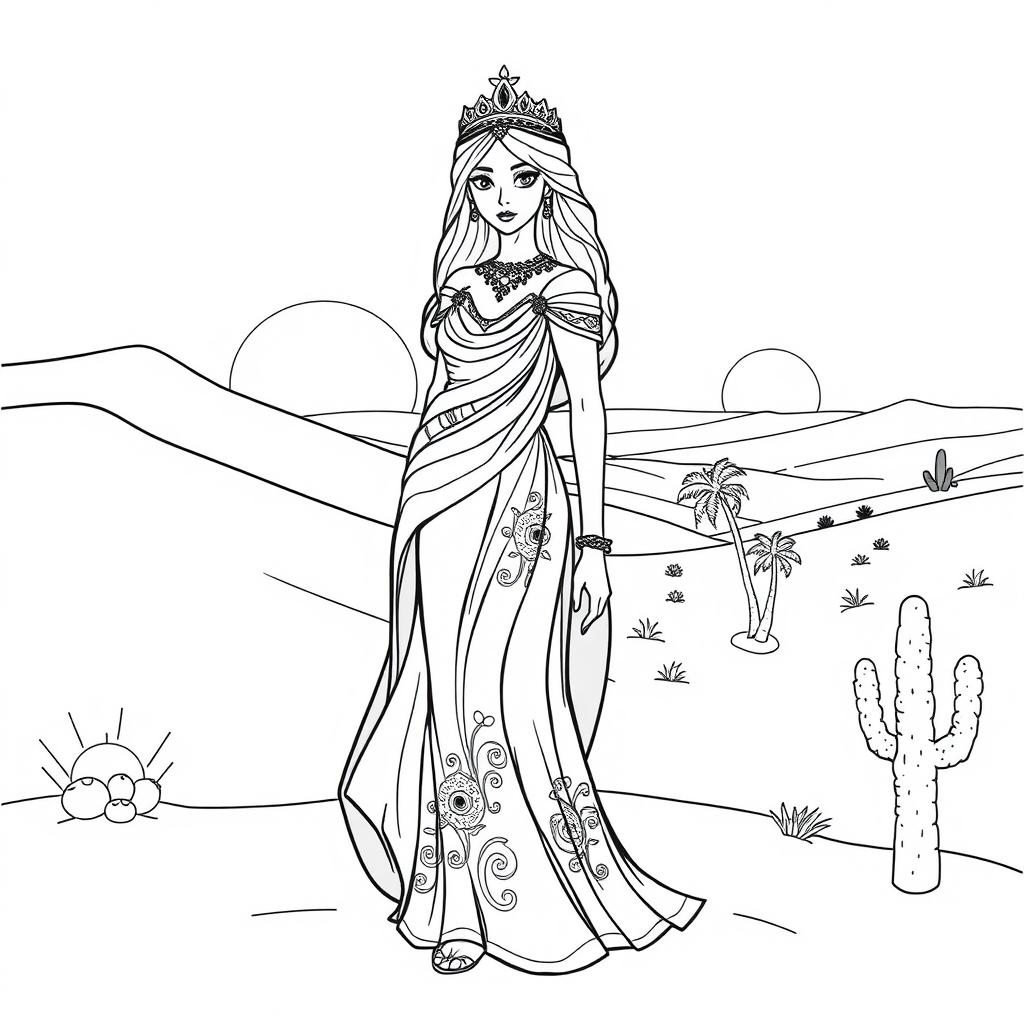 A captivating coloring page featuring a desert princess dressed in elegant, flowing garments that reflect the warmth of the desert