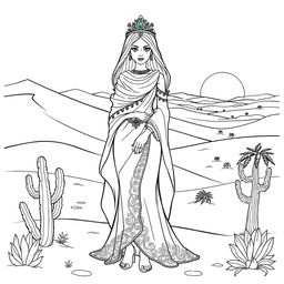 A captivating coloring page featuring a desert princess dressed in elegant, flowing garments that reflect the warmth of the desert