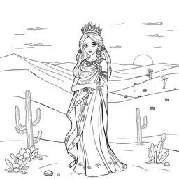 A captivating coloring page featuring a desert princess dressed in elegant, flowing garments that reflect the warmth of the desert