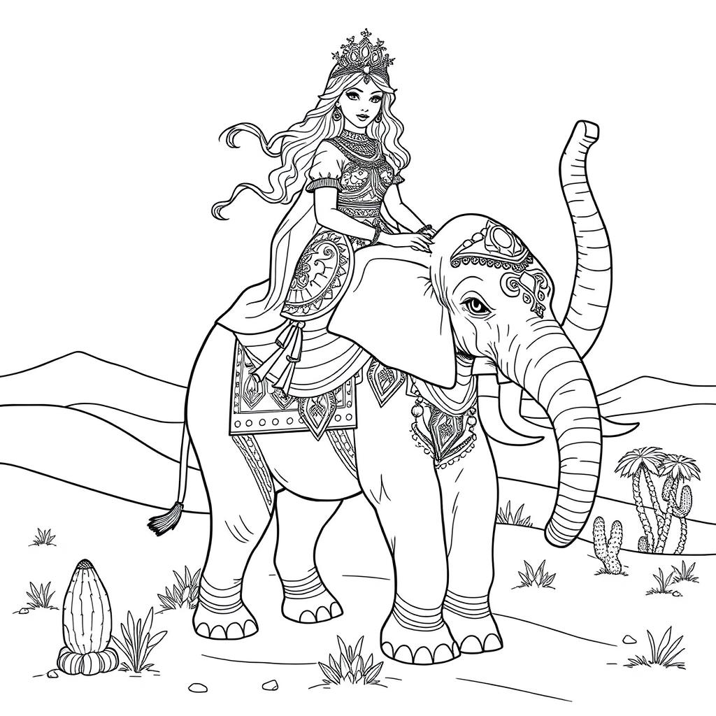 A detailed coloring page depicting a desert princess riding a majestic elephant