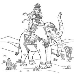 A detailed coloring page depicting a desert princess riding a majestic elephant