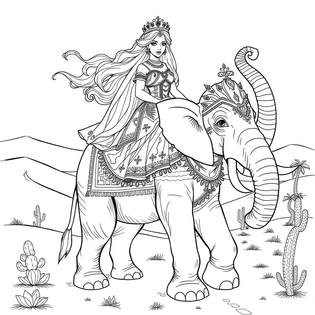 A detailed coloring page depicting a desert princess riding a majestic elephant