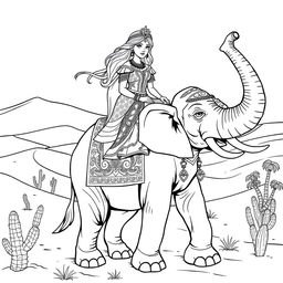 A detailed coloring page depicting a desert princess riding a majestic elephant