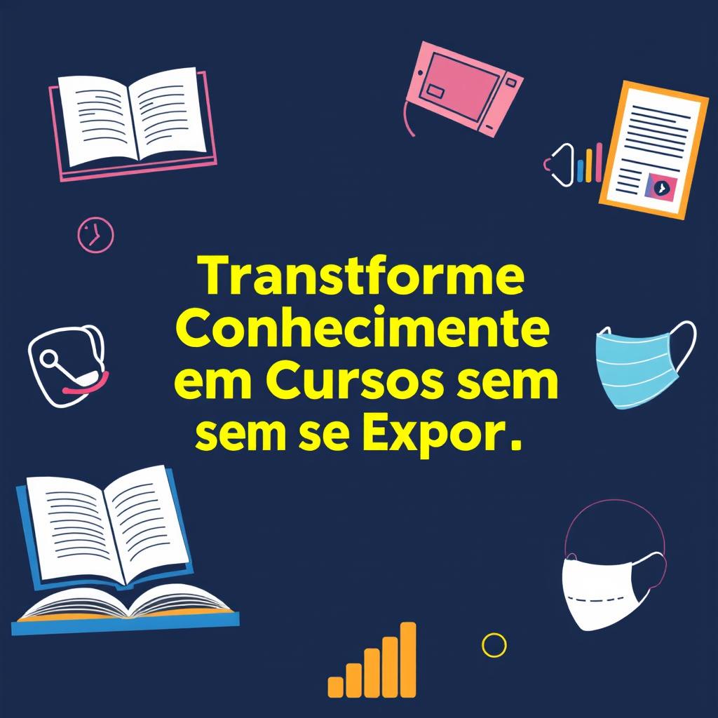 Create an eye-catching graphic titled 'Transforme Conhecimento em Cursos sem se Expor' in a clear, bold font