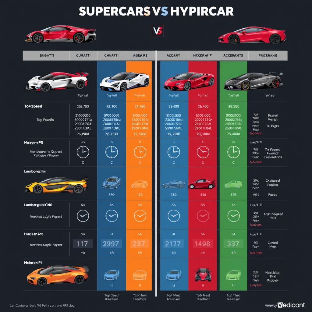 A detailed chart comparing supercars and hypercars, featuring sleek and stylish illustrations of various models, including iconic cars like the Bugatti Chiron, Koenigsegg Agera RS, Lamborghini Huracan, and McLaren P1