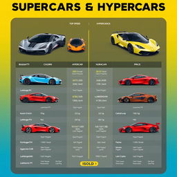 A detailed chart comparing supercars and hypercars, featuring sleek and stylish illustrations of various models, including iconic cars like the Bugatti Chiron, Koenigsegg Agera RS, Lamborghini Huracan, and McLaren P1