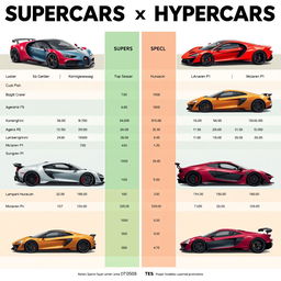 A detailed chart comparing supercars and hypercars, featuring sleek and stylish illustrations of various models, including iconic cars like the Bugatti Chiron, Koenigsegg Agera RS, Lamborghini Huracan, and McLaren P1