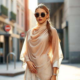 A stylish woman in a fashionable jilbab, elegantly draped and made from a sheer, lightweight fabric that showcases intricate patterns