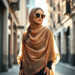 A stylish woman in a fashionable jilbab, elegantly draped and made from a sheer, lightweight fabric that showcases intricate patterns