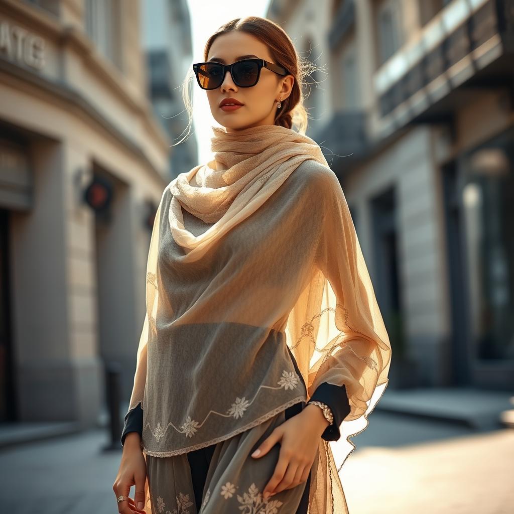 A stylish woman in a fashionable jilbab, elegantly draped and made from a sheer, lightweight fabric that showcases intricate patterns