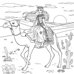 A beautiful coloring page of a desert princess riding gracefully on a camel