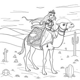 A beautiful coloring page of a desert princess riding gracefully on a camel