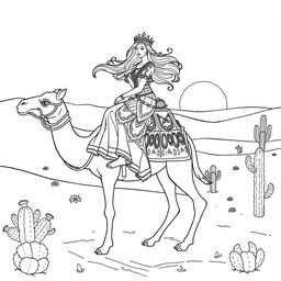 A beautiful coloring page of a desert princess riding gracefully on a camel