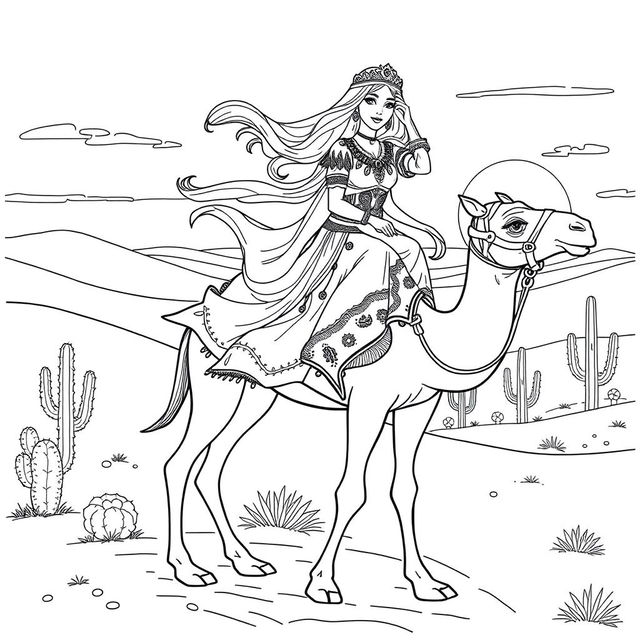 A beautiful coloring page of a desert princess riding gracefully on a camel