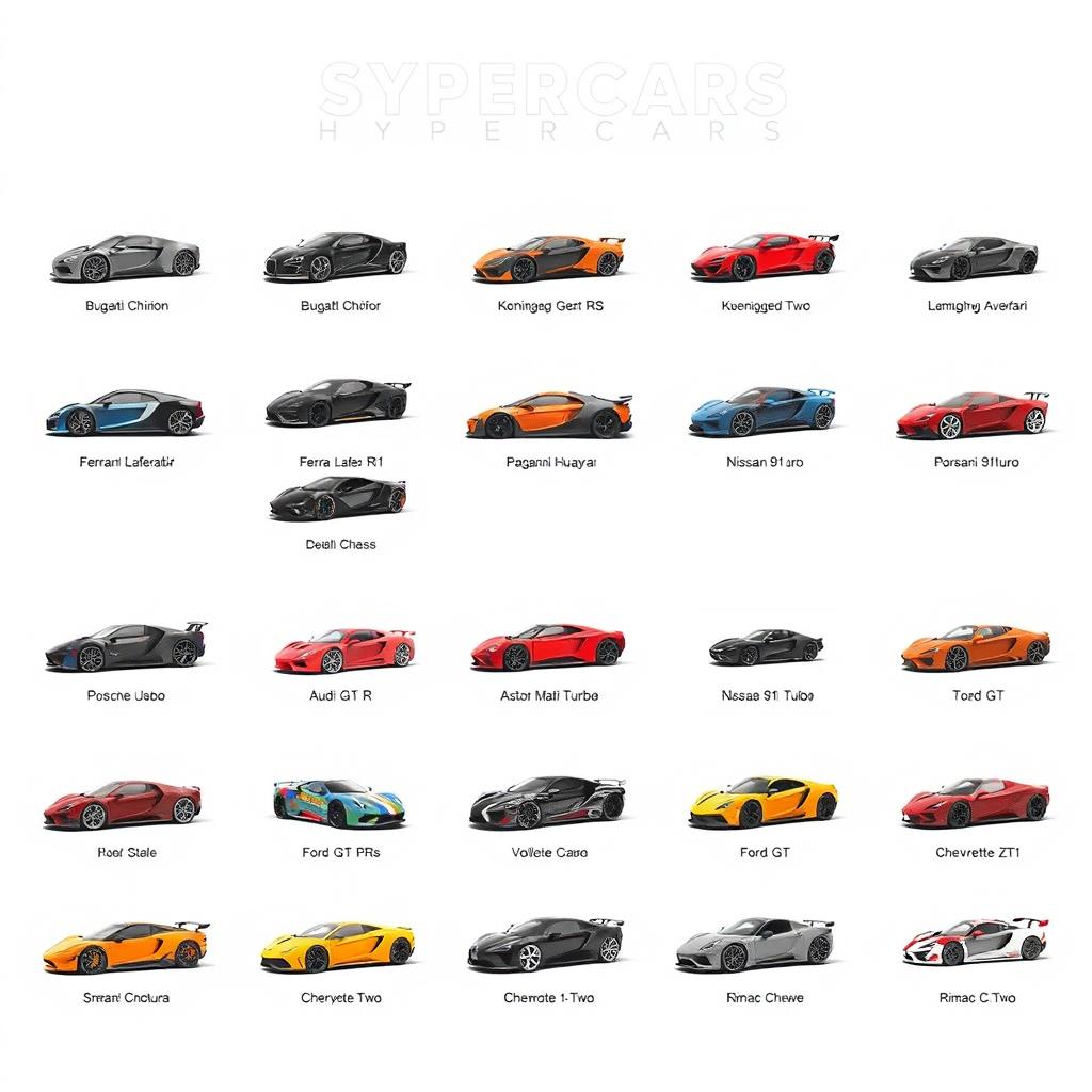 A visually striking list showcasing various supercars and hypercars, each represented by a high-quality image