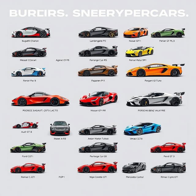 A visually striking list showcasing various supercars and hypercars, each represented by a high-quality image