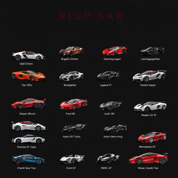 A visually striking list showcasing various supercars and hypercars, each represented by a high-quality image