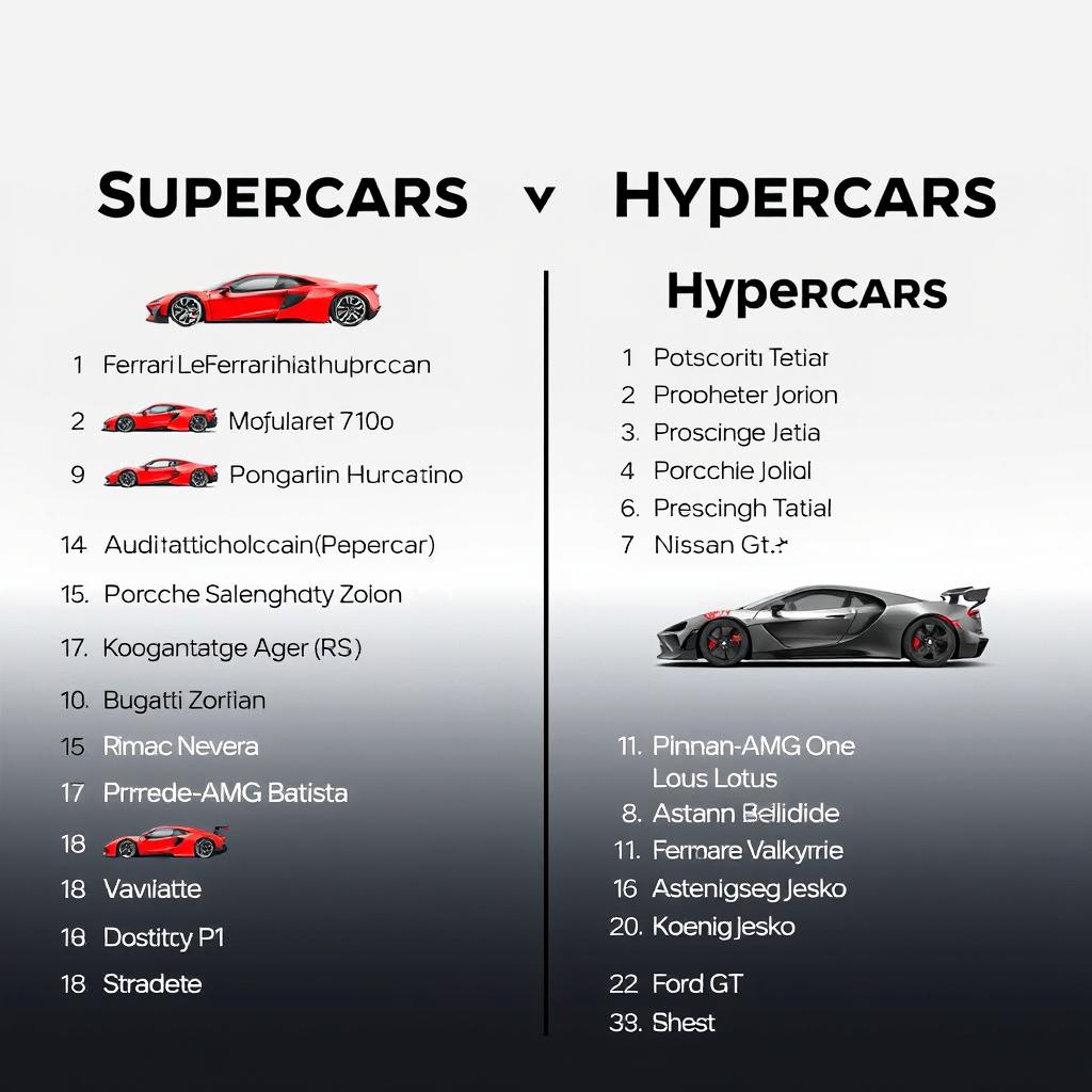 A visually appealing and well-organized list of supercars and hypercars, presented as a stylish infographic or poster