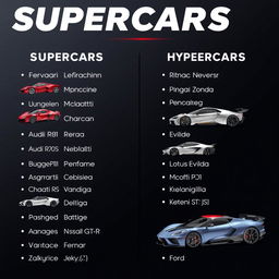 A visually appealing and well-organized list of supercars and hypercars, presented as a stylish infographic or poster