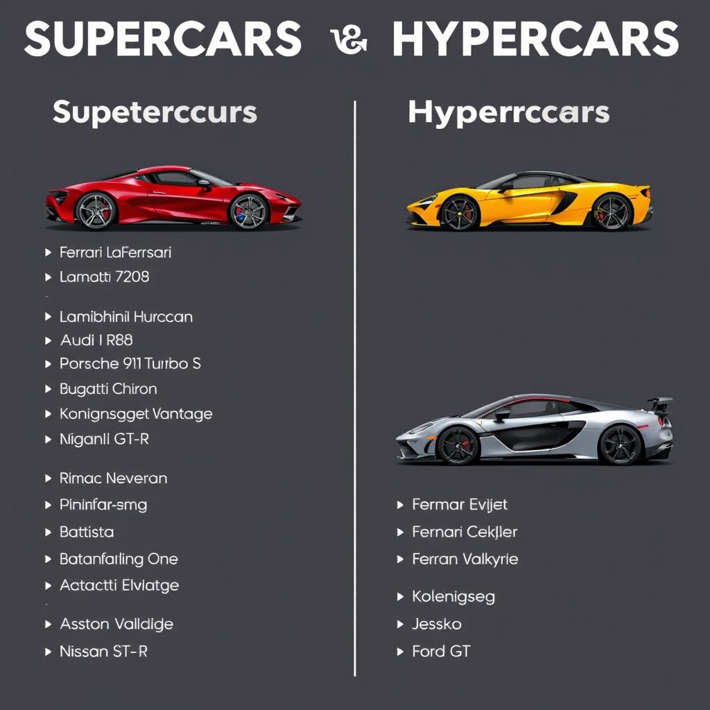 A visually appealing and well-organized list of supercars and hypercars, presented as a stylish infographic or poster