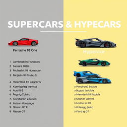 A visually appealing and well-organized list of supercars and hypercars, presented as a stylish infographic or poster