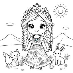 A cute coloring page featuring a charming desert princess with an endearing smile