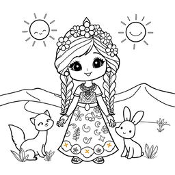 A cute coloring page featuring a charming desert princess with an endearing smile