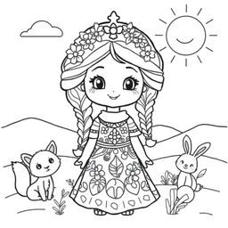 A cute coloring page featuring a charming desert princess with an endearing smile