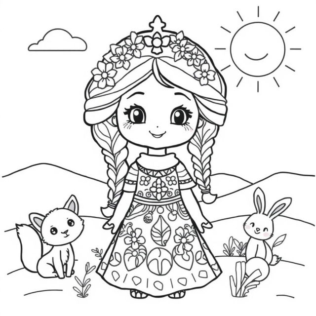 A cute coloring page featuring a charming desert princess with an endearing smile