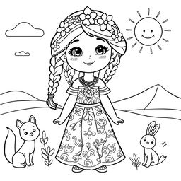 A cute coloring page featuring a charming desert princess with an endearing smile