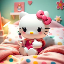 An adorable and vibrant portrayal of Sanrio's iconic Hello Kitty character with distinctive fake eyelashes, depicted in a playful and whimsical setting