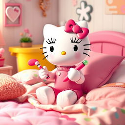 An adorable and vibrant portrayal of Sanrio's iconic Hello Kitty character with distinctive fake eyelashes, depicted in a playful and whimsical setting