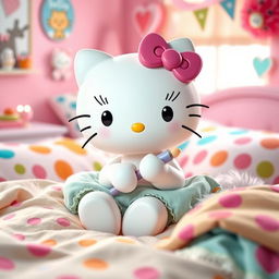 An adorable and vibrant portrayal of Sanrio's iconic Hello Kitty character with distinctive fake eyelashes, depicted in a playful and whimsical setting