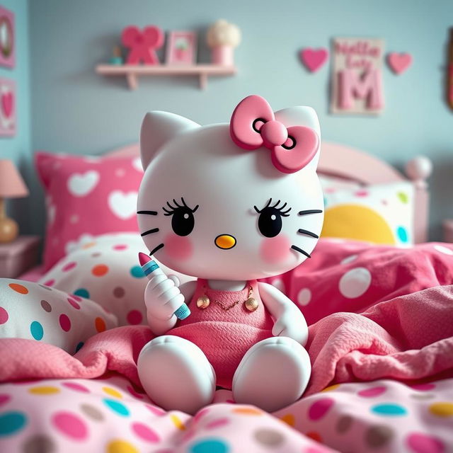 An adorable and vibrant portrayal of Sanrio's iconic Hello Kitty character with distinctive fake eyelashes, depicted in a playful and whimsical setting