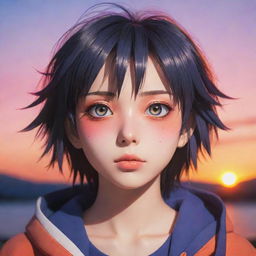 Highly detailed anime style character with vibrant colors and expressive eyes against a serene sunset backdrop.