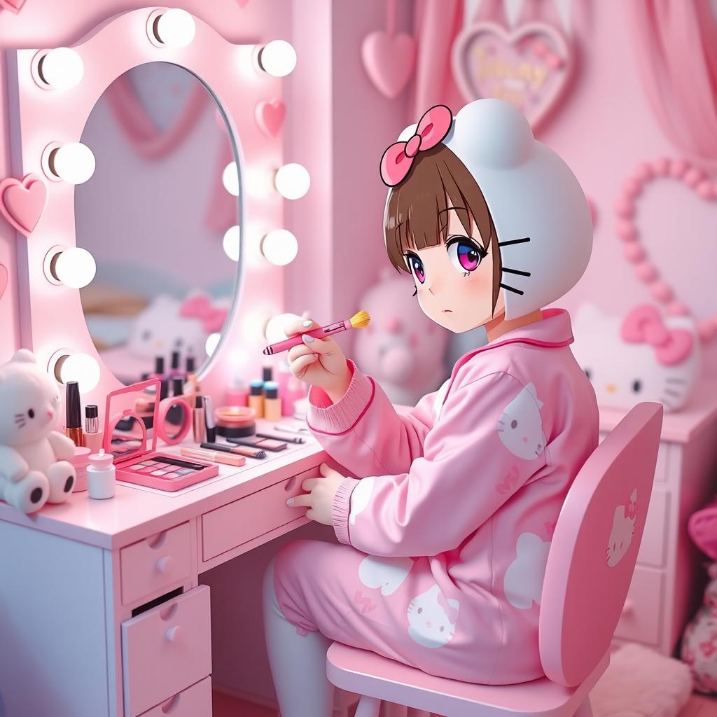 A charming scene featuring a Sanrio-inspired character resembling Hello Kitty, sitting at a vanity while doing her makeup