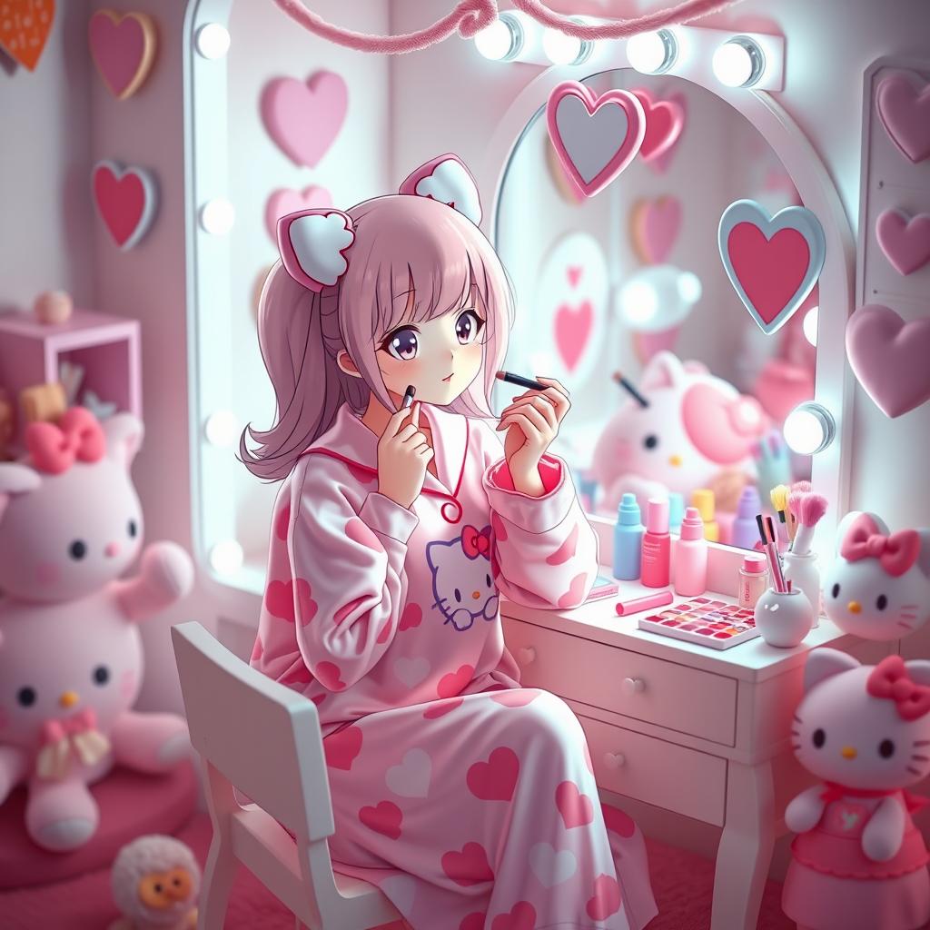 A charming scene featuring a Sanrio-inspired character resembling Hello Kitty, sitting at a vanity while doing her makeup