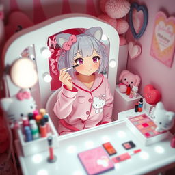 A charming scene featuring a Sanrio-inspired character resembling Hello Kitty, sitting at a vanity while doing her makeup