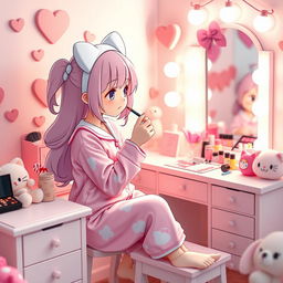 A charming scene featuring a Sanrio-inspired character resembling Hello Kitty, sitting at a vanity while doing her makeup