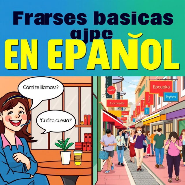 A vibrant, colorful horizontal image depicting everyday scenes such as a coffee shop and a busy street, showcasing daily situations in Spanish